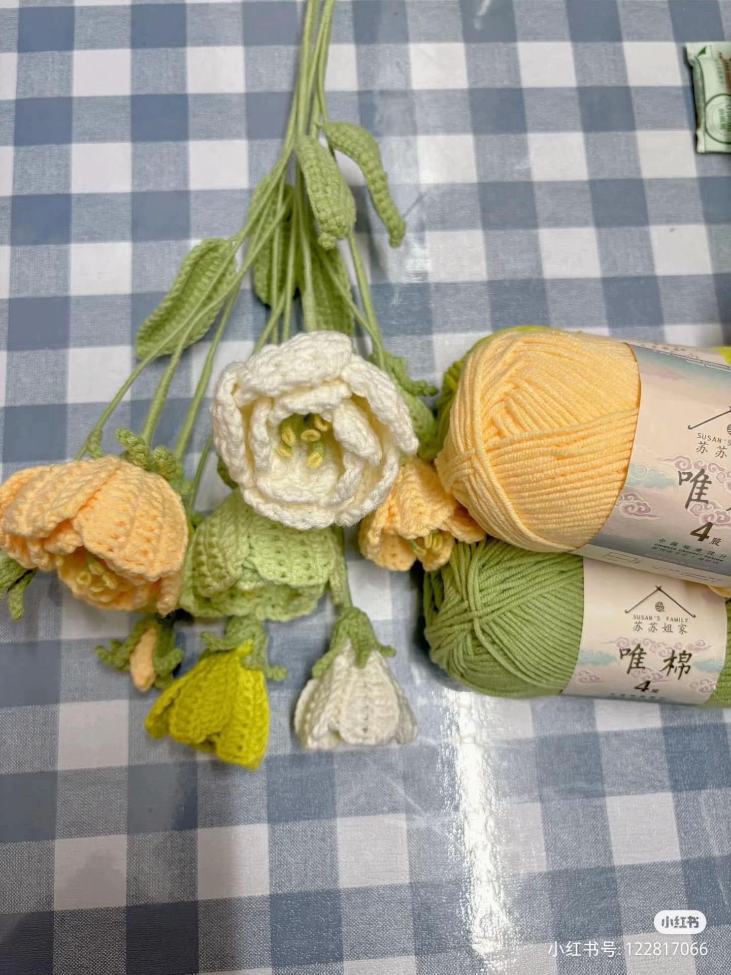 Crochet Chart for Pastel Colored Flower Bouquet with Leaves and Stems