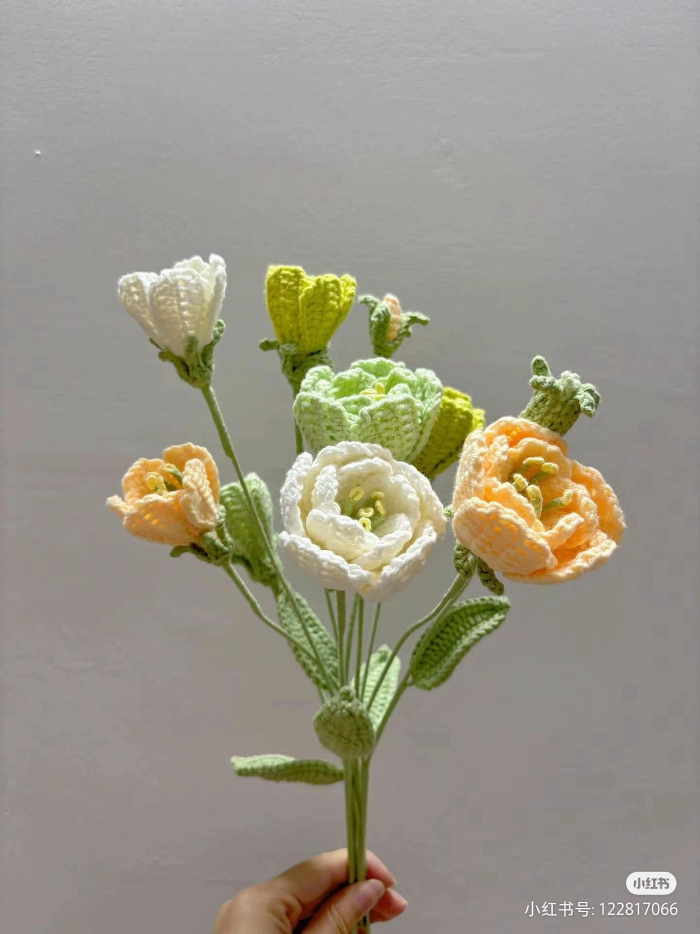 Crochet Chart for Pastel Colored Flower Bouquet with Leaves and Stems