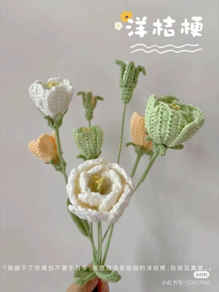 Crochet Chart for Pastel Colored Flower Bouquet with Leaves and Stems