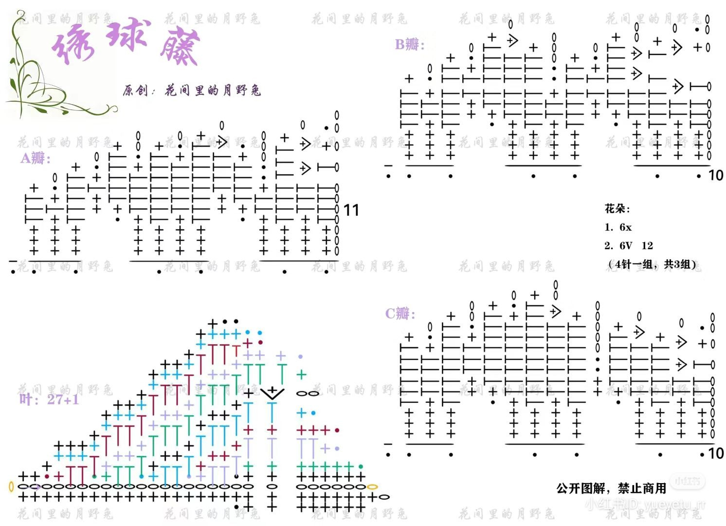 Crochet chart for purple and green flowers with leaves