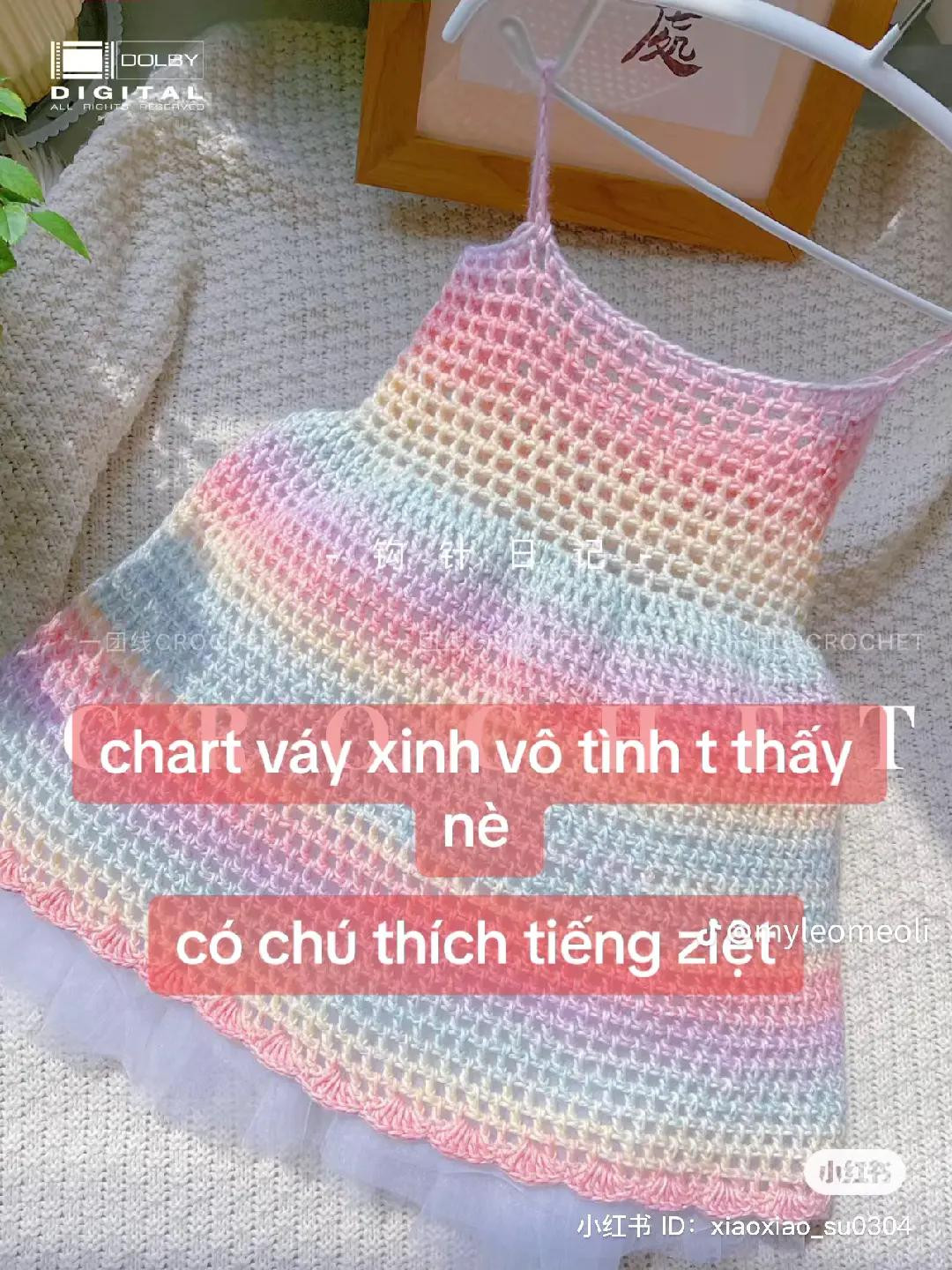 Crochet chart for red openwork top and pastel rainbow dress with detailed pattern symbols