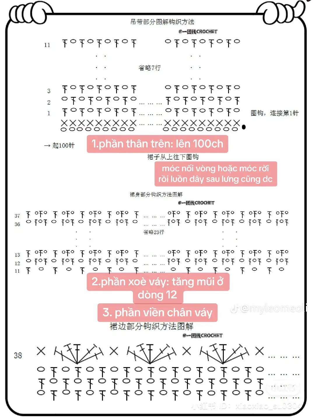Crochet chart for red openwork top and pastel rainbow dress with detailed pattern symbols