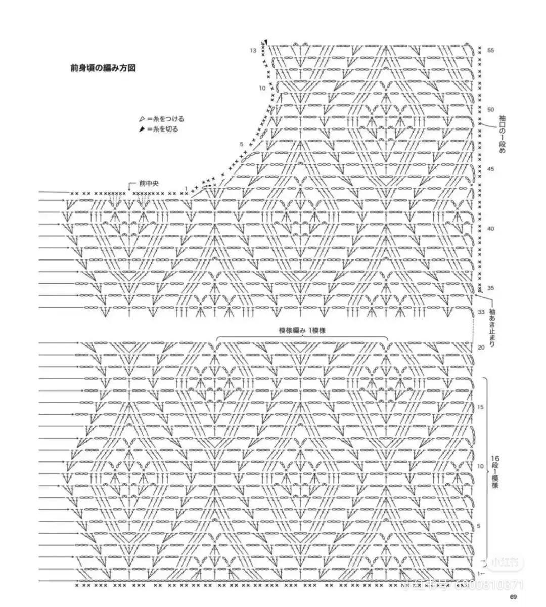 Crochet chart for red openwork top and pastel rainbow dress with detailed pattern symbols