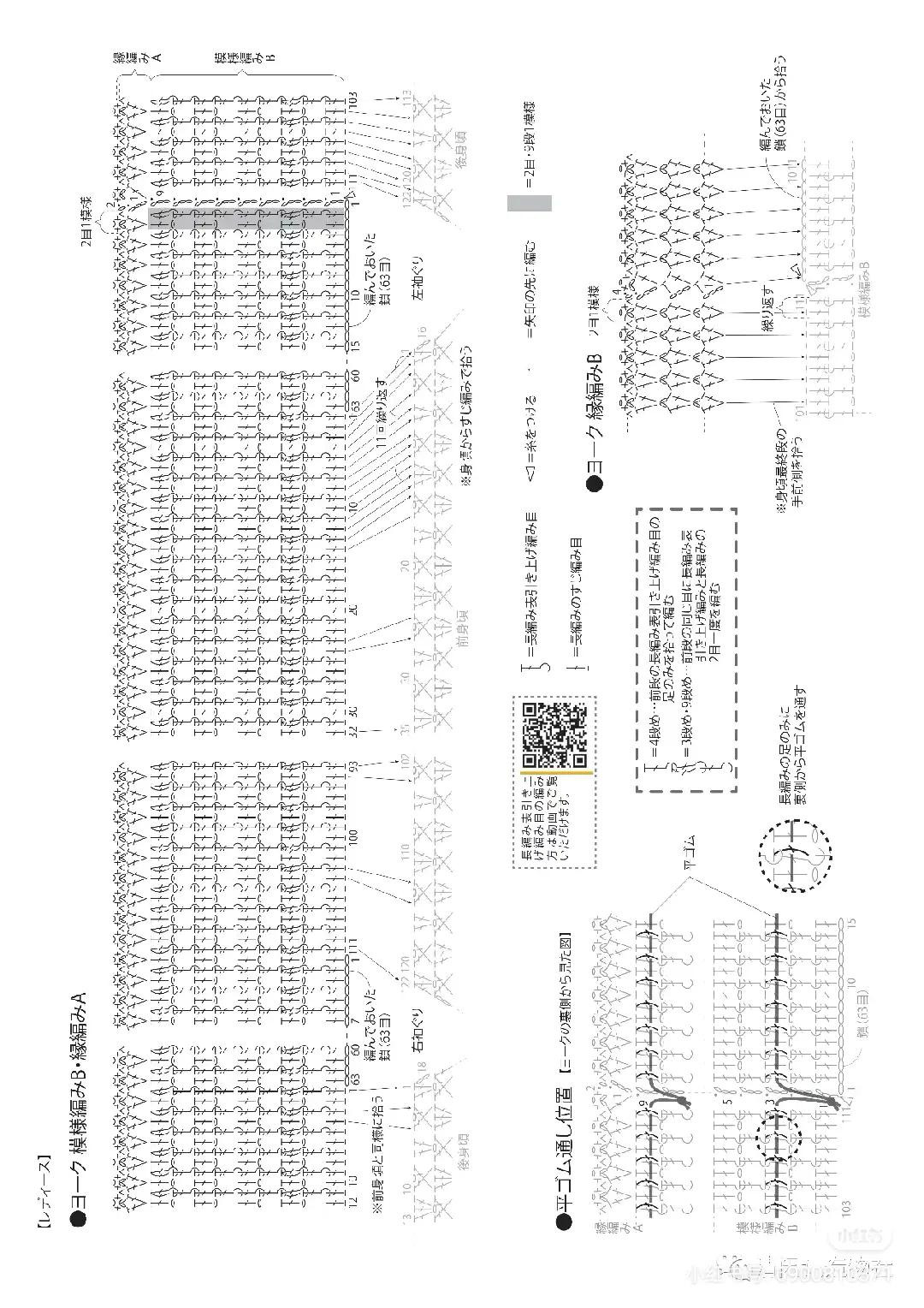 Crochet chart for red openwork top and pastel rainbow dress with detailed pattern symbols