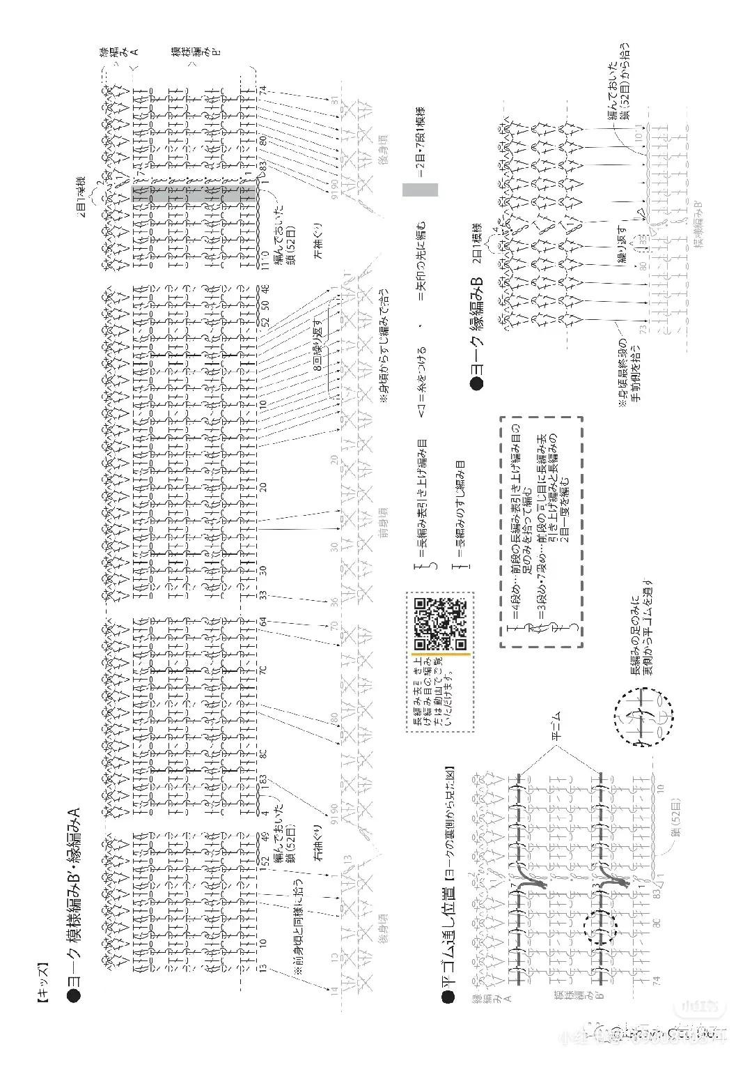 Crochet chart for red openwork top and pastel rainbow dress with detailed pattern symbols