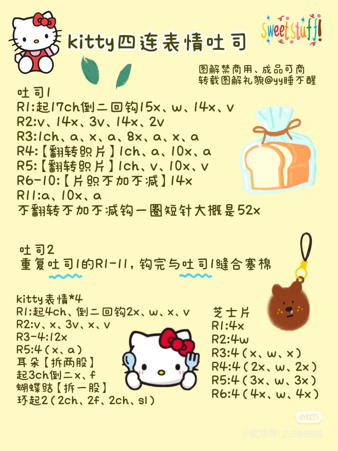 Crochet Chart: Hello Kitty Toast Keychain Pattern