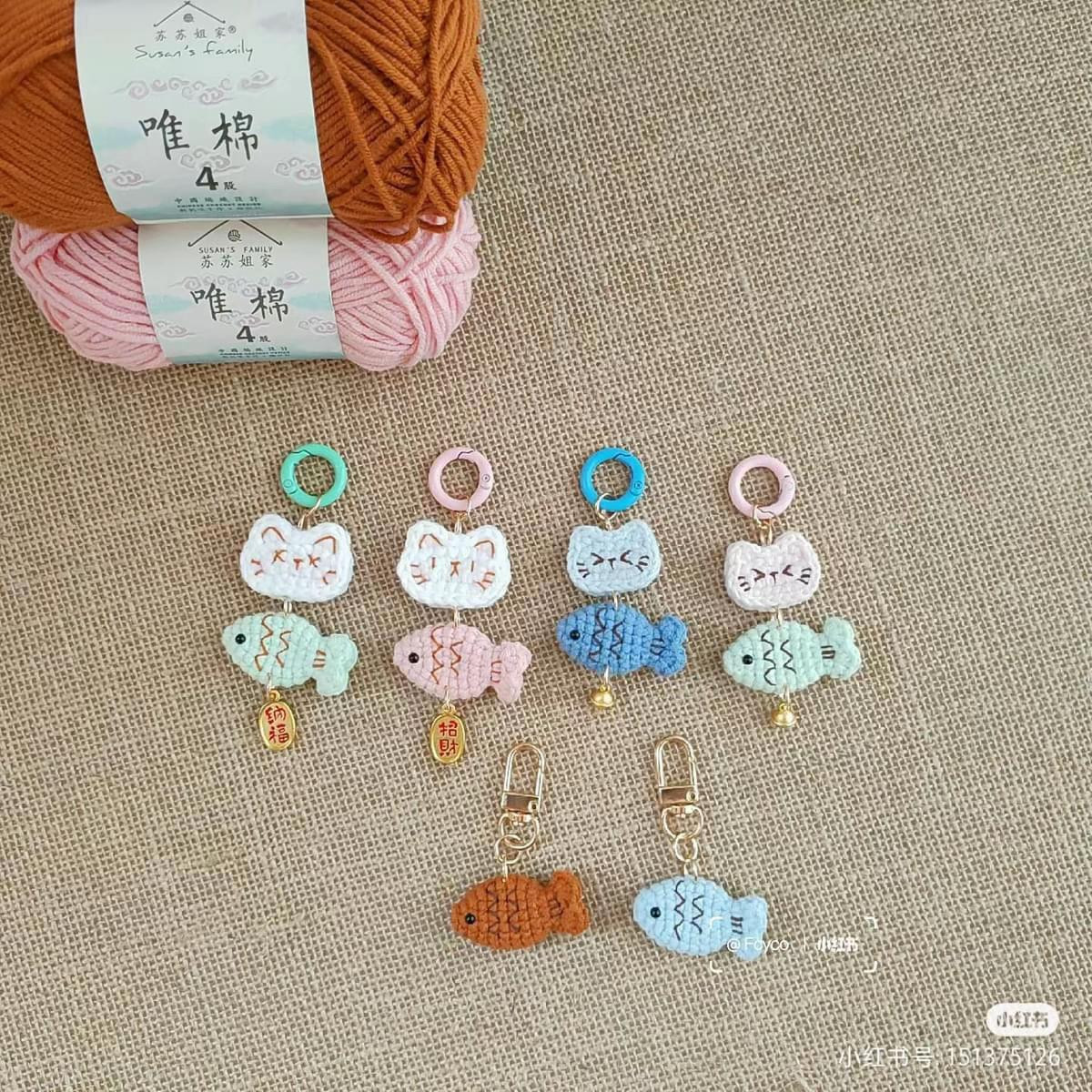 Crochet Chart Pattern for Cute Cat and Fish Keychains with Bells
