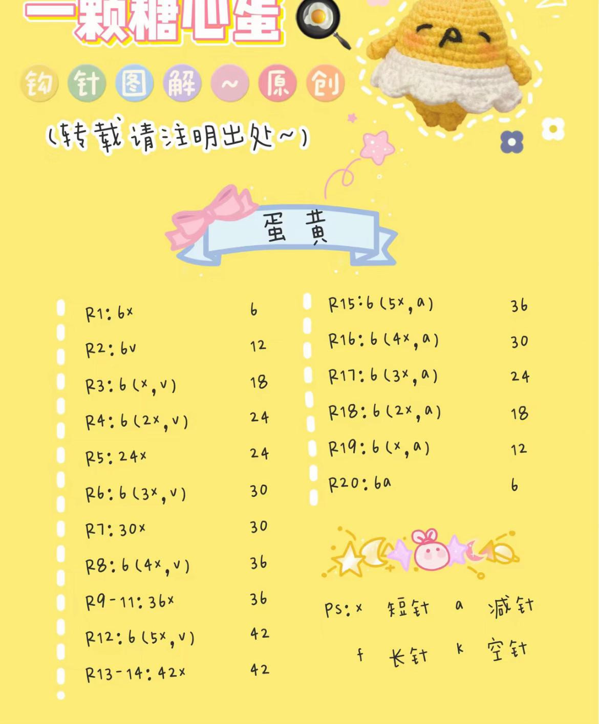 Crochet Chart Pattern for Cute Soft Boiled Egg Amigurumi Doll with Yellow Yolk and White Albumen