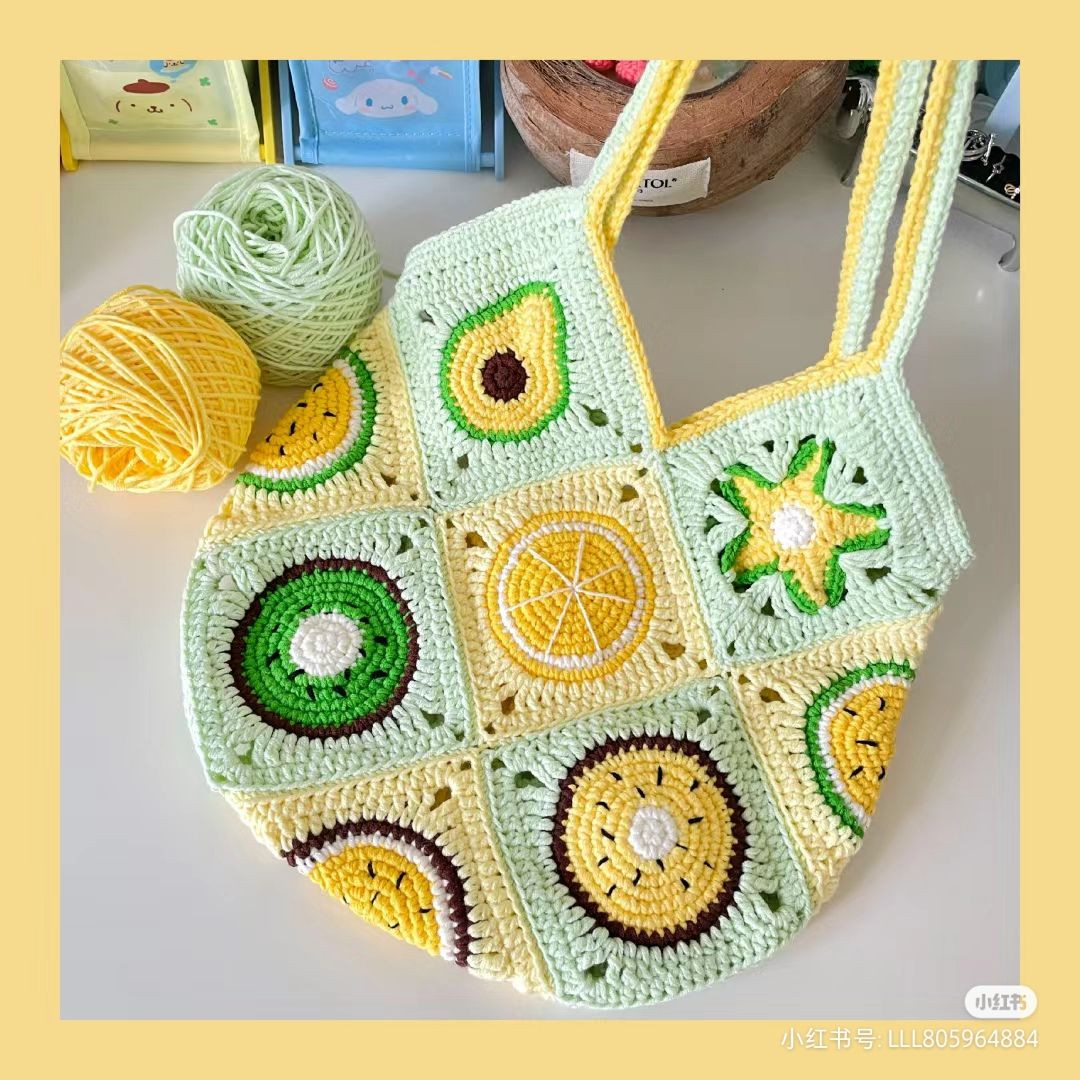 Crochet Chart Pattern for Fruit Granny Square Tote Bag with Avocado and Lemon Motifs