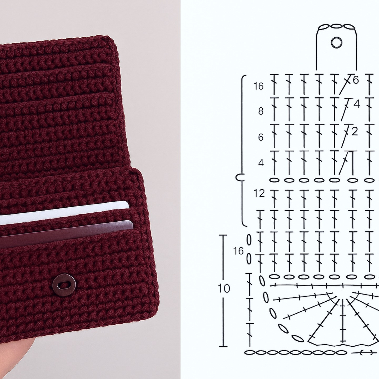 Crochet Chart Pattern for Golden Clutch and Burgundy Wallet with Flat Diagram