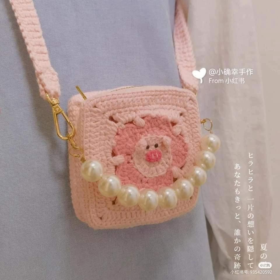 Crochet Chart Pattern for Pink Pig Crossbody Bag with Pearls and Cherry Drawstring Bag