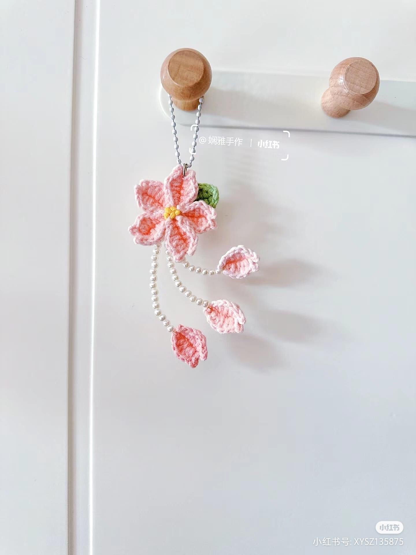 Crochet Cherry Blossom Rain Keychain Tutorial with Pearls and Snowball Yarn