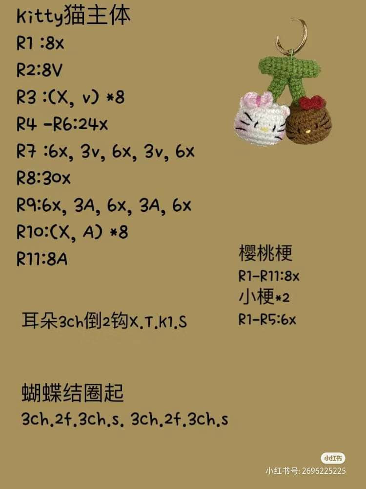 Crochet Cherry Kitty Amigurumi Keychain Pattern Chart