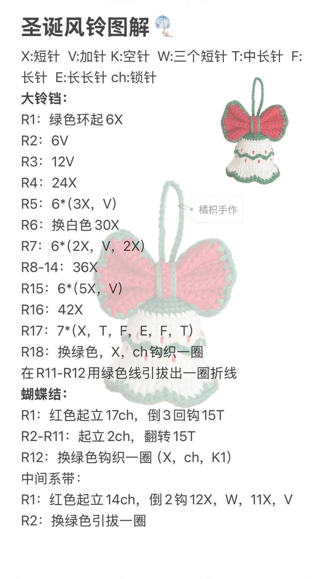 Crochet Christmas Bell Ornament Chart with Bow and Gingerbread