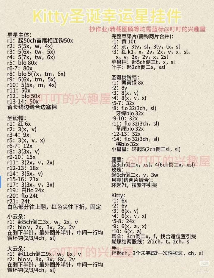 Crochet Christmas Lucky Star Kitty Ornament Pattern Chart