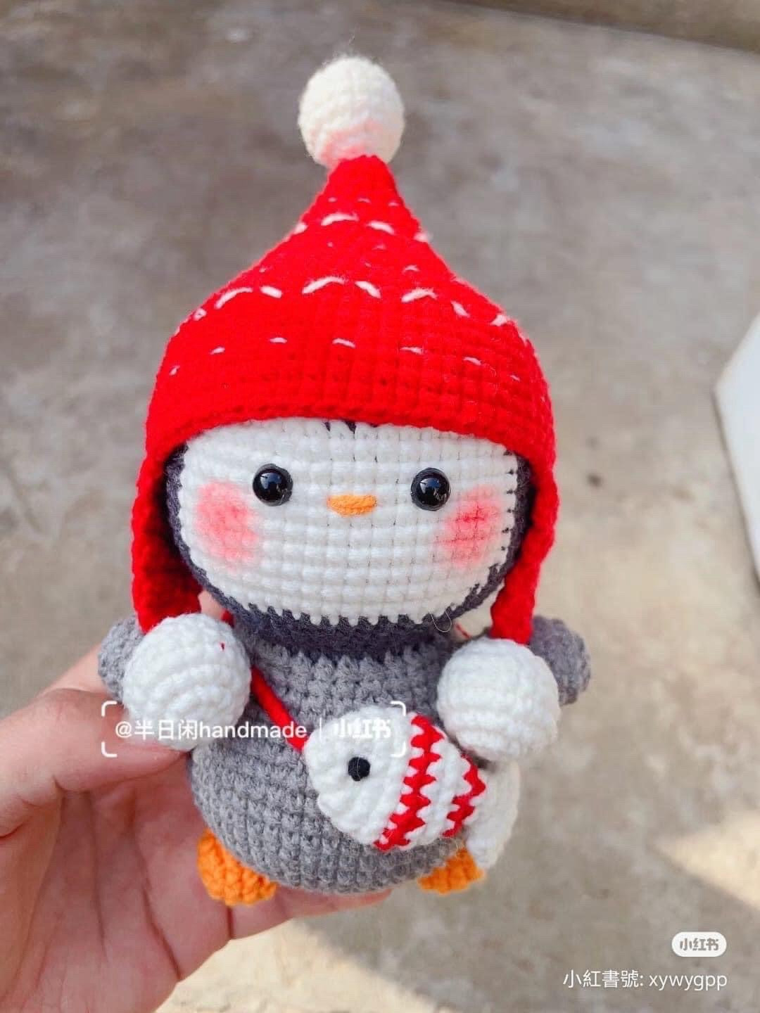Crochet Christmas Penguin Amigurumi Pattern with Red Hat and Fish