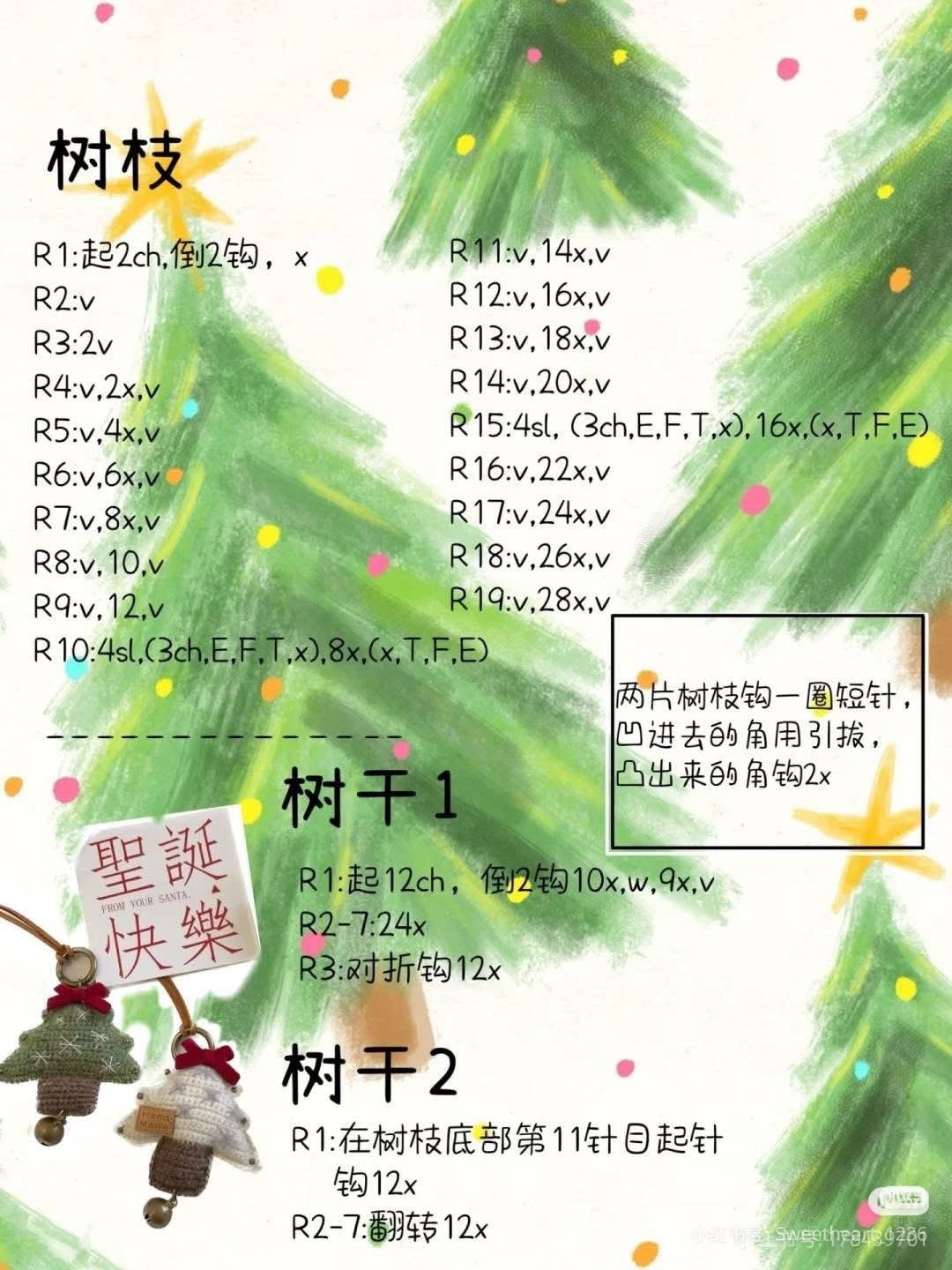 Crochet Christmas Tree Ornament Chart with Bell and Red Bow