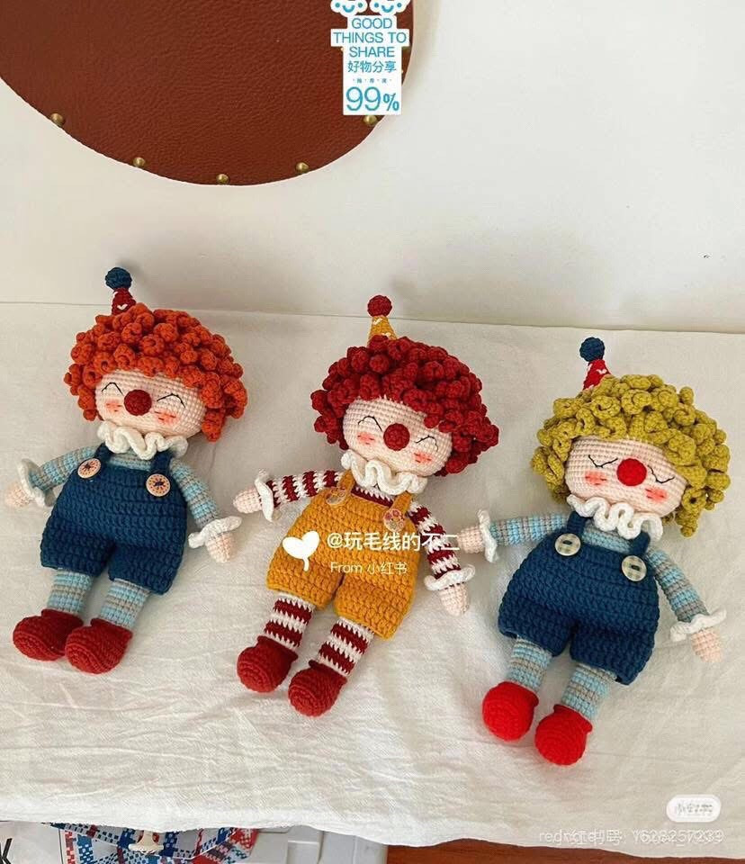 Crochet Clown Doll Chart: Cute Amigurumi Pattern with Curly Hair and Overalls