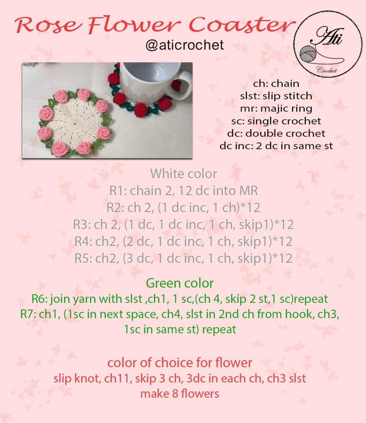 Crochet Coaster Patterns: Bear, Heart, Rose Flower, and Succulent Designs