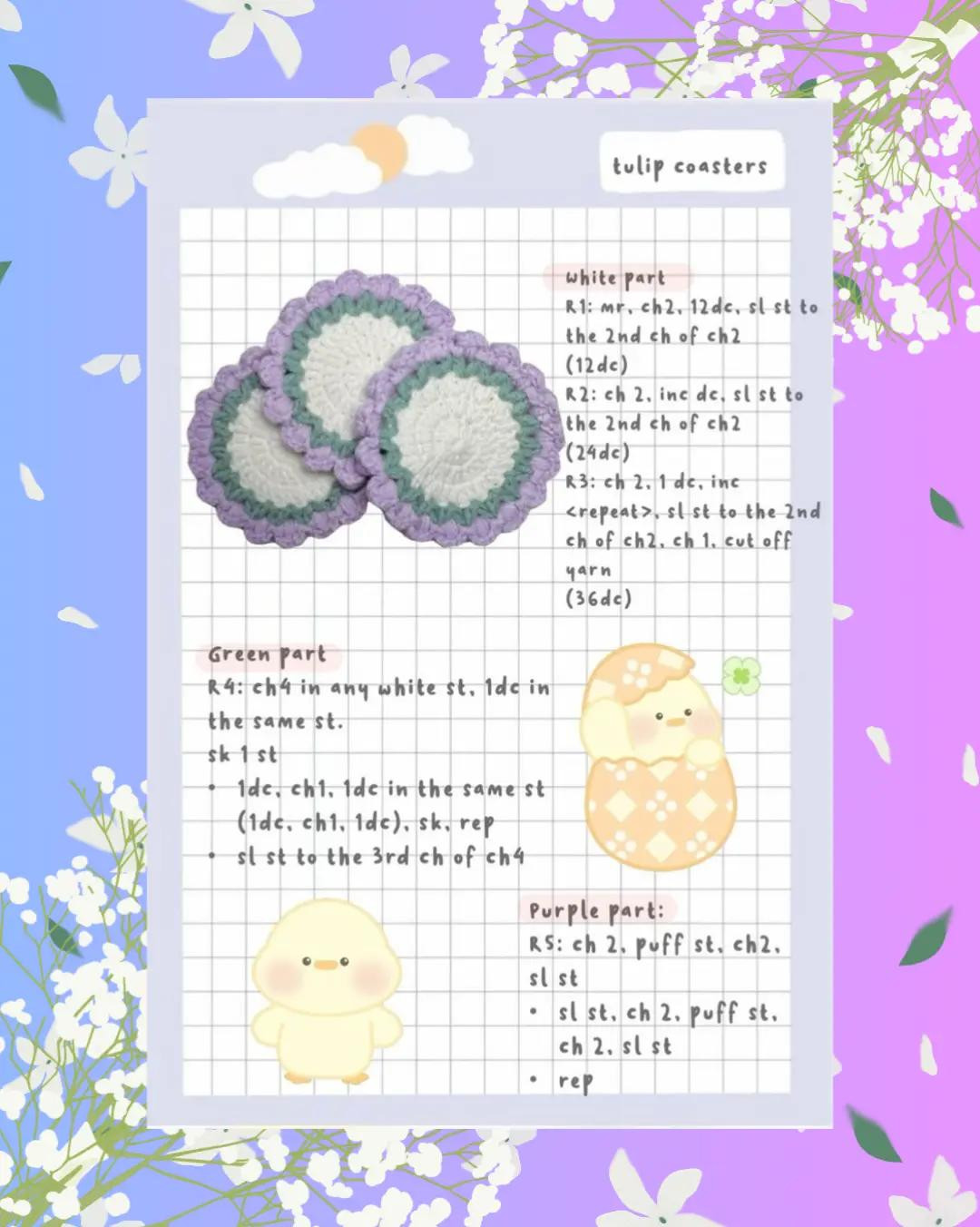 Crochet Coasters and Flower Patterns: Heart, Tulip, Strawberry, Sunflower