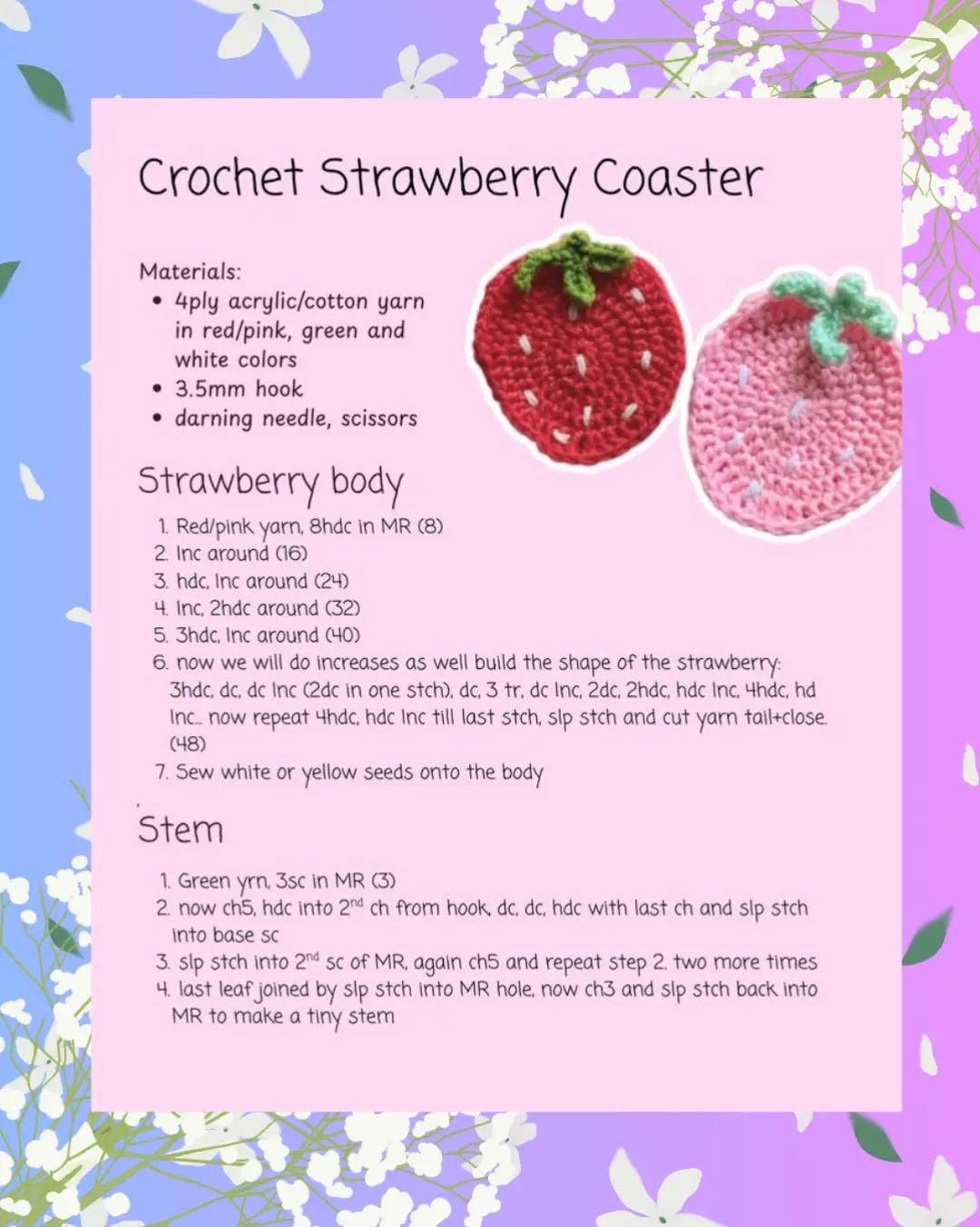 Crochet Coasters and Flower Patterns: Heart, Tulip, Strawberry, Sunflower