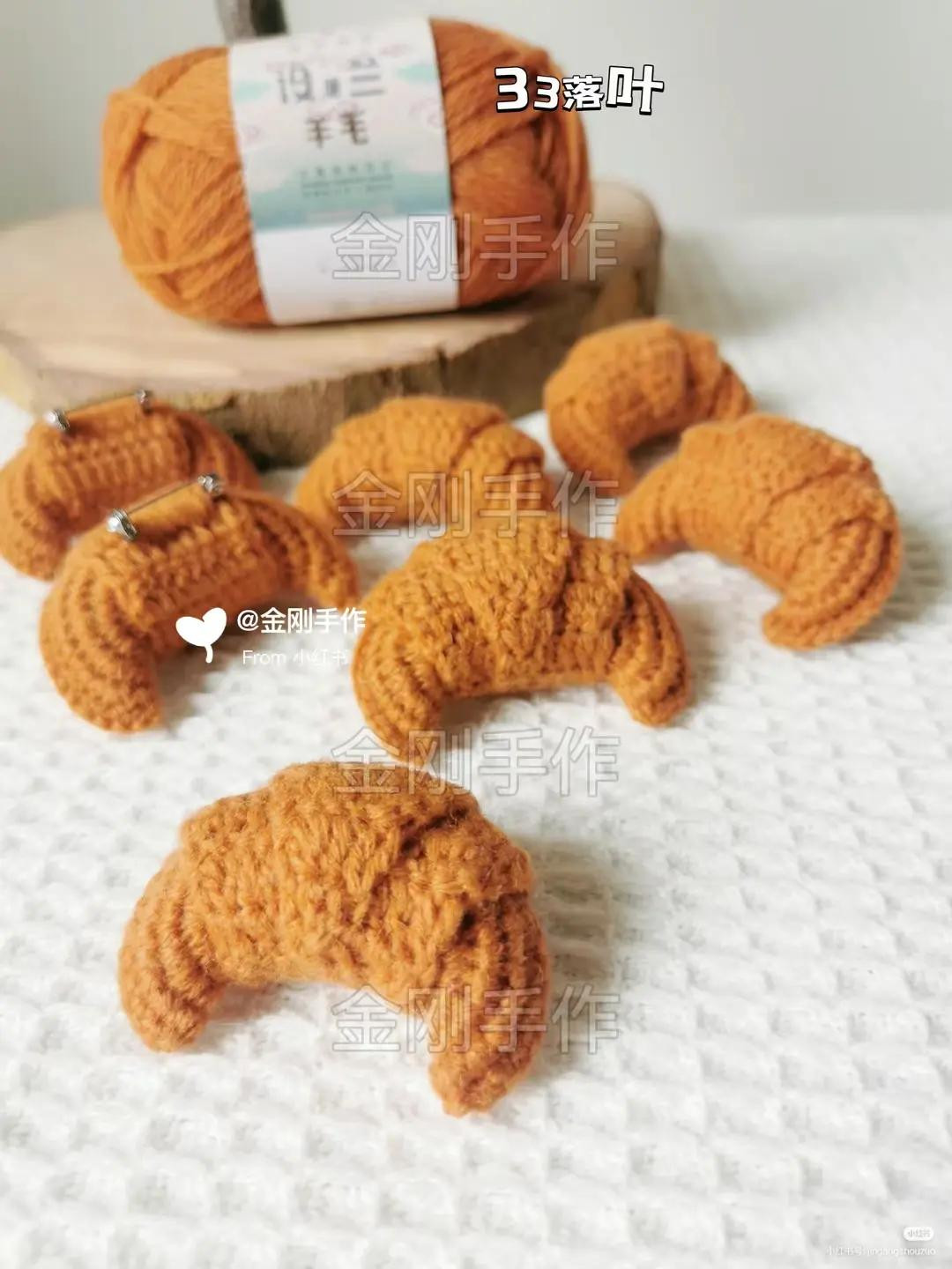 Crochet Croissant Bread Pattern: Orange Fall Leaf Wool Tutorial with Safety Pins