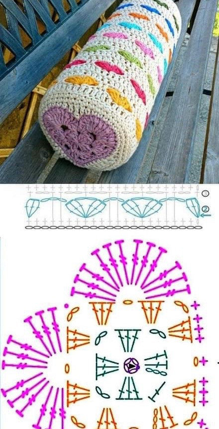 Crochet Cylindrical Pillow with Heart Pattern and Flat Chart Diagram