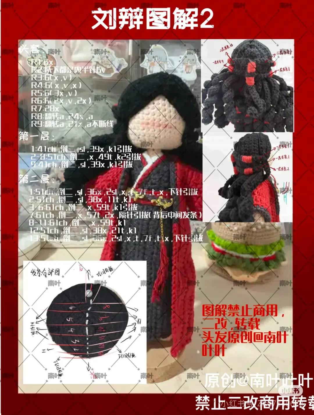 Crochet Doll Tutorial Chart: Liu Bian Character with Red and Grey Hanfu