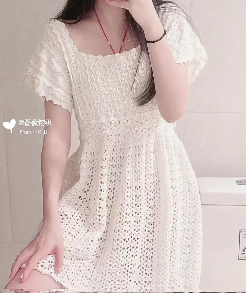 Crochet Dress Pattern Chart: White Square Neck Summer Dress with Lace Stitch