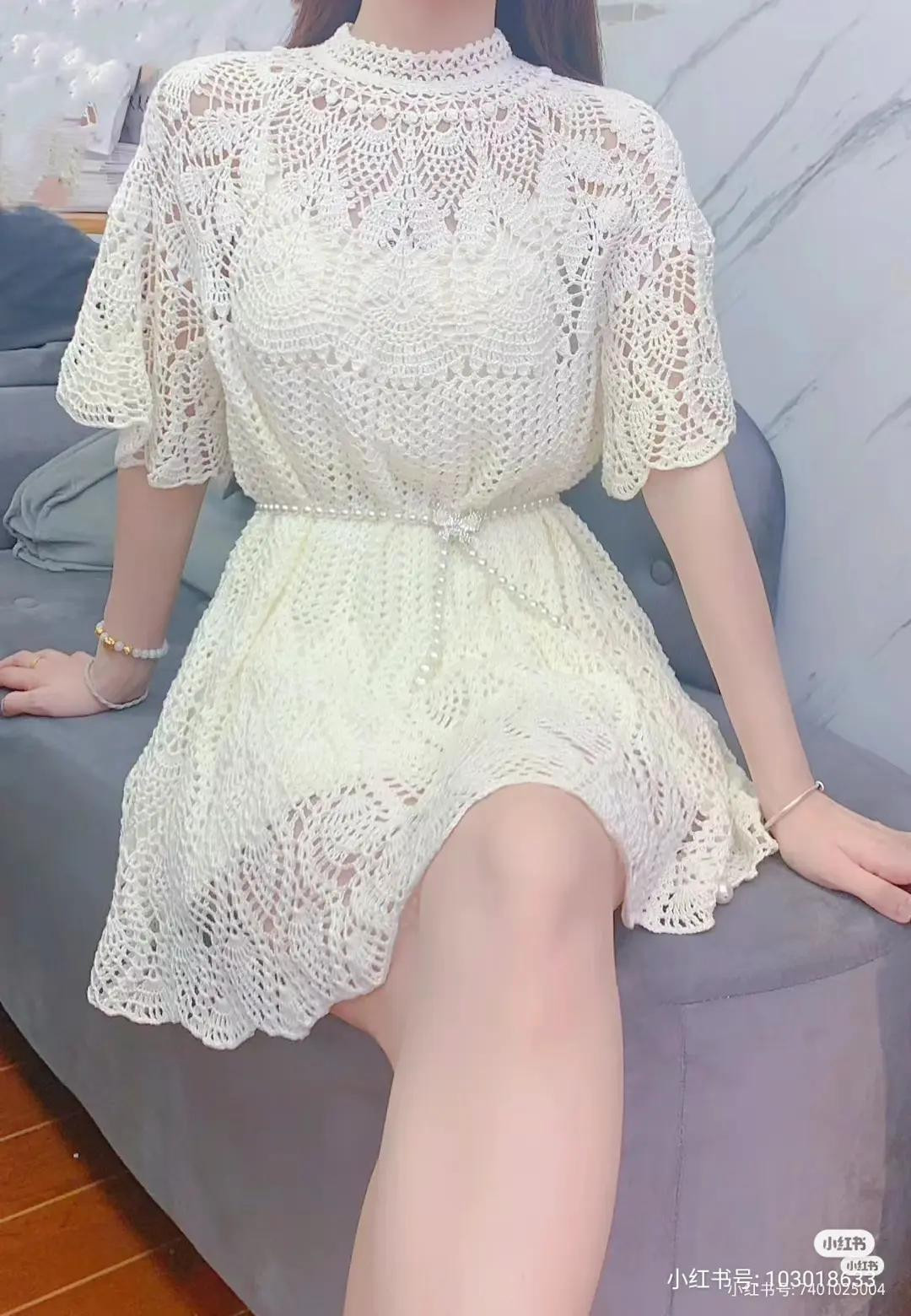Crochet Dress Pattern: White Lace Short Sleeve Summer Dress Chart