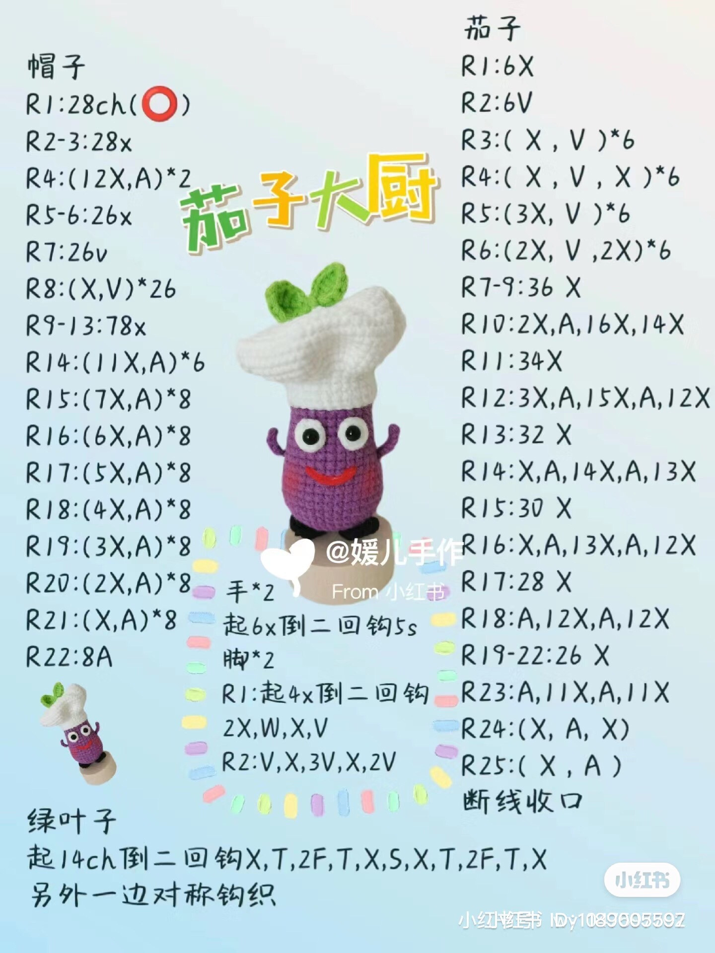 Crochet Eggplant Chef Amigurumi Pattern Chart