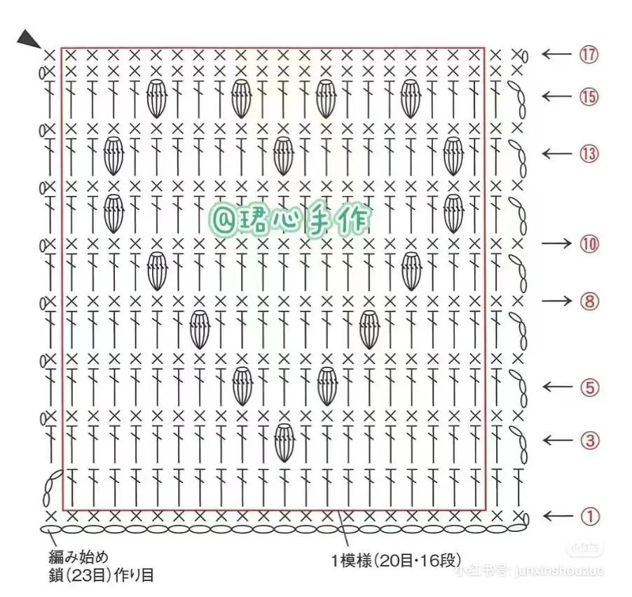 Crochet Flat Charts: Bubble, V-Stitch, and Fan Patterns with Light Blue Yarn Swatches