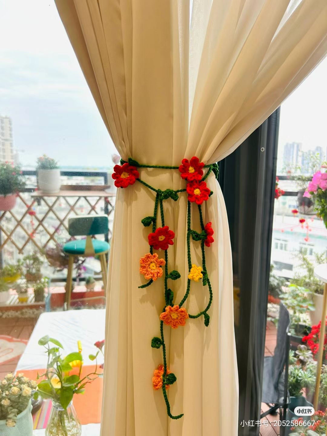 Crochet Floral Curtain Tie-Back with Vines and Flowers