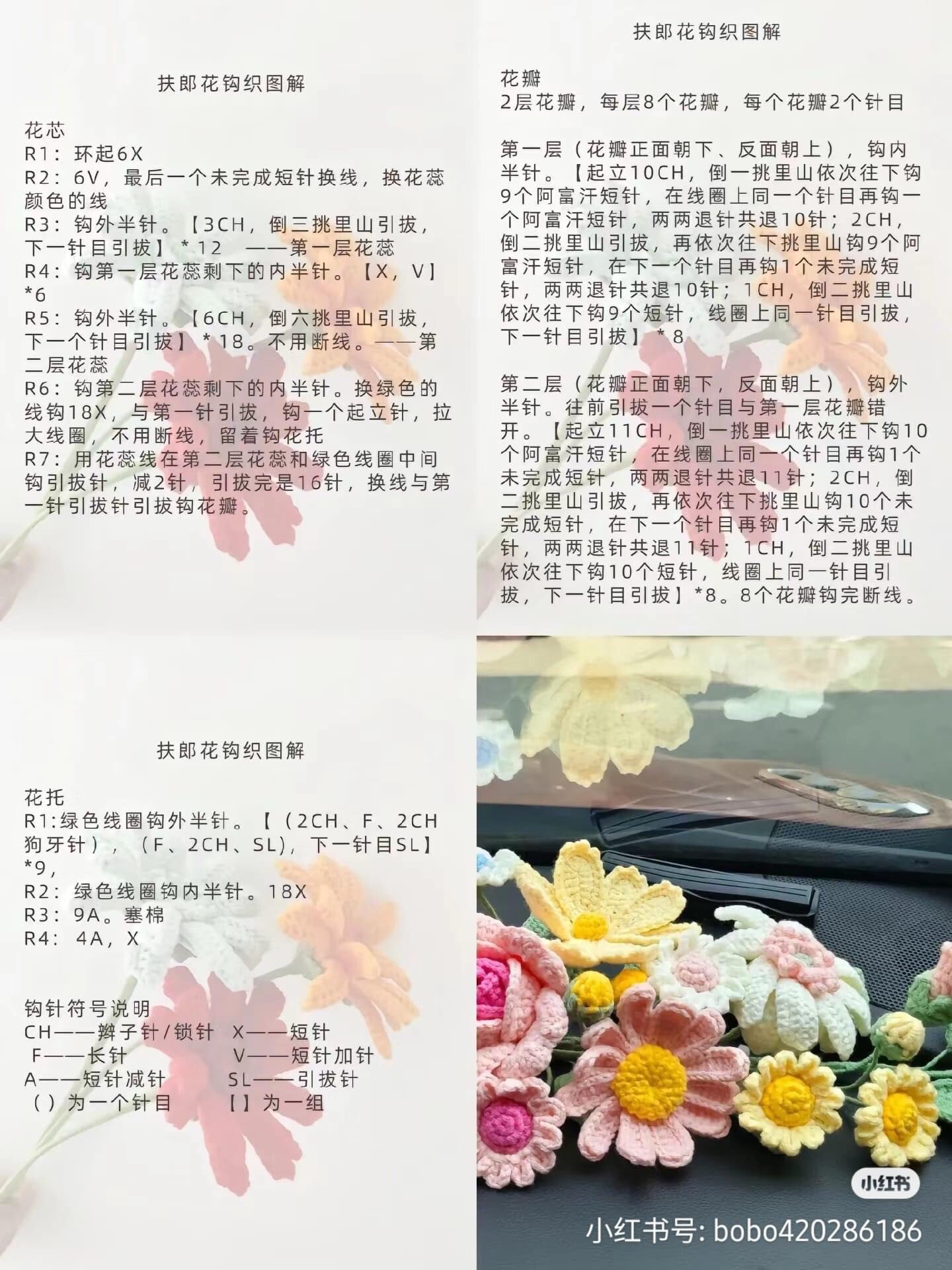 Crochet Flower Bouquet Pattern Chart for Car Decoration - Roses, Daisies and Leaves