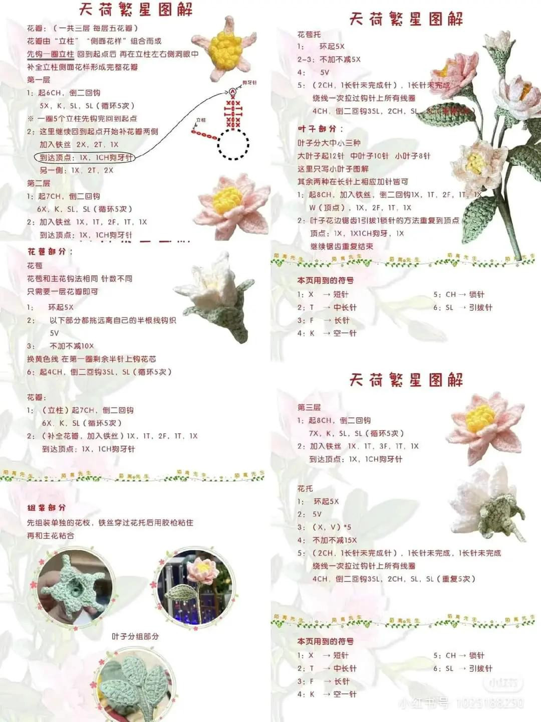 Crochet Flower Charts: Lotus, Strawberry, Cherry Blossom, and Forsythia Patterns