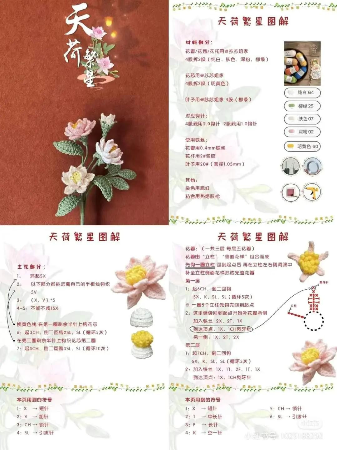 Crochet Flower Charts: Lotus, Strawberry, Cherry Blossom, and Forsythia Patterns