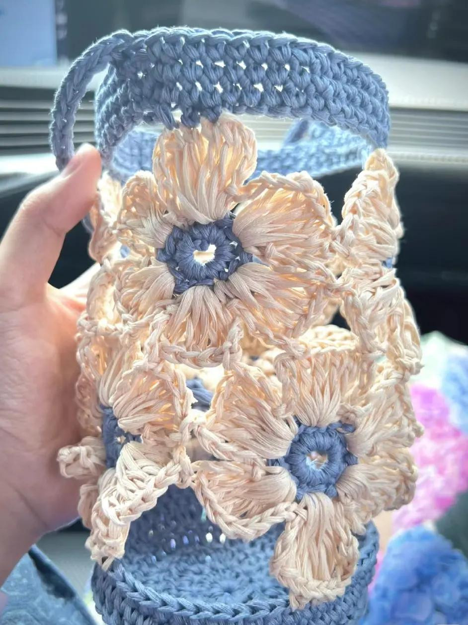 Crochet Flower Cup Holder Pattern with Blue and Cream Ruffles