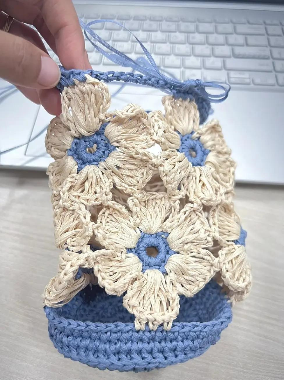 Crochet Flower Cup Holder Pattern with Blue and Cream Ruffles