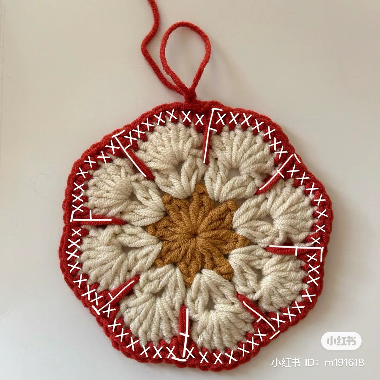 Crochet Flower Granny Square Pattern Chart with Step-by-Step Instructions in Red, White, and Brown Yarn
