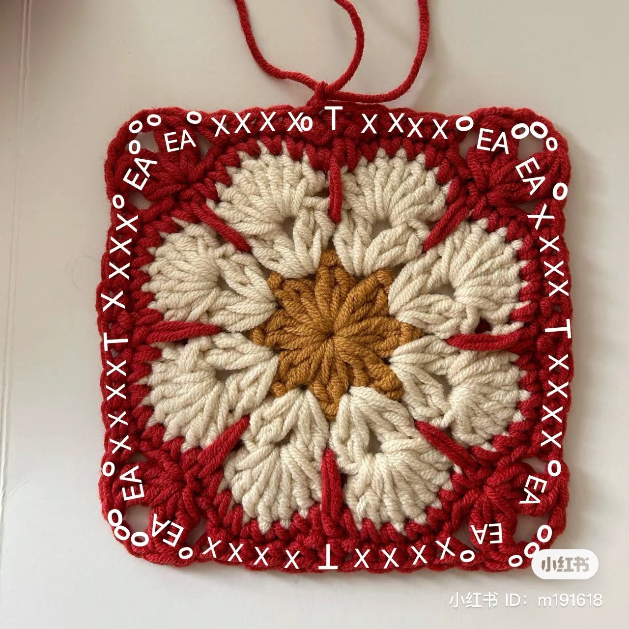 Crochet Flower Granny Square Pattern Chart with Step-by-Step Instructions in Red, White, and Brown Yarn
