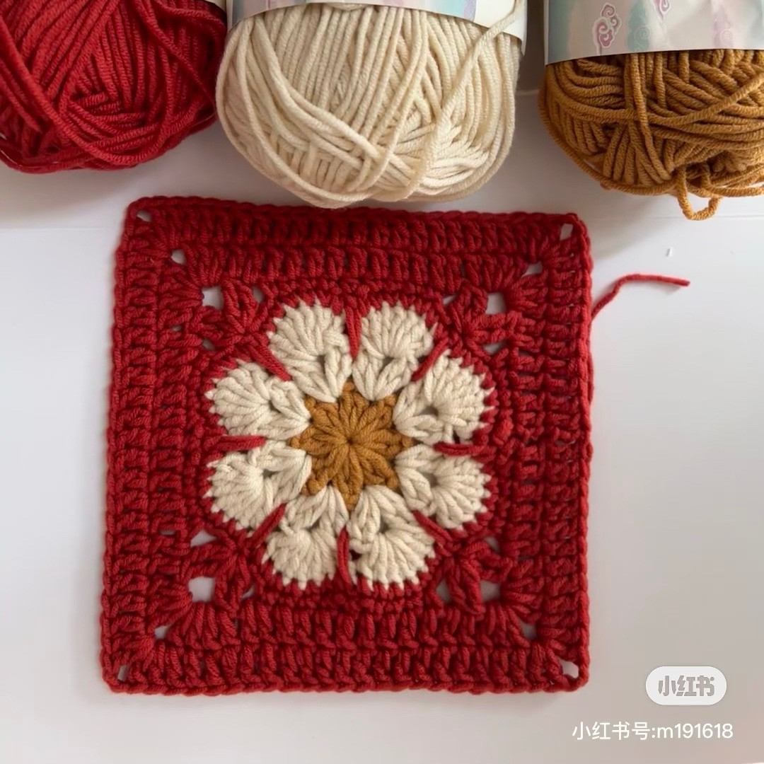 Crochet Flower Granny Square Pattern Chart with Step-by-Step Instructions in Red, White, and Brown Yarn