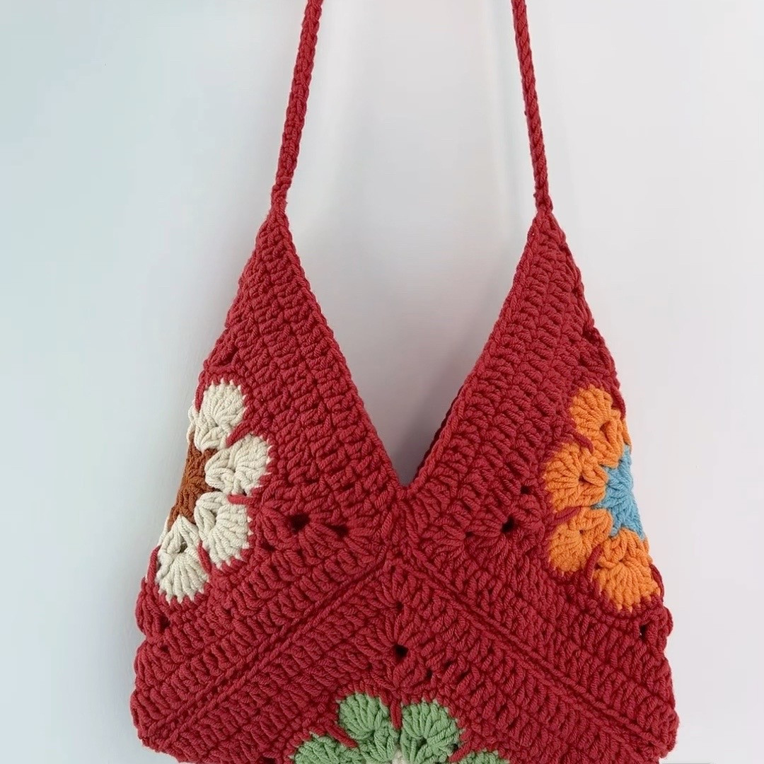 Crochet Flower Granny Square Pattern Chart with Step-by-Step Instructions in Red, White, and Brown Yarn