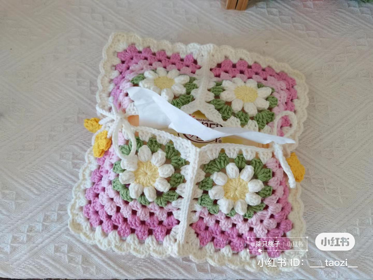 Crochet Flower Granny Square Tissue Box Cover Pattern