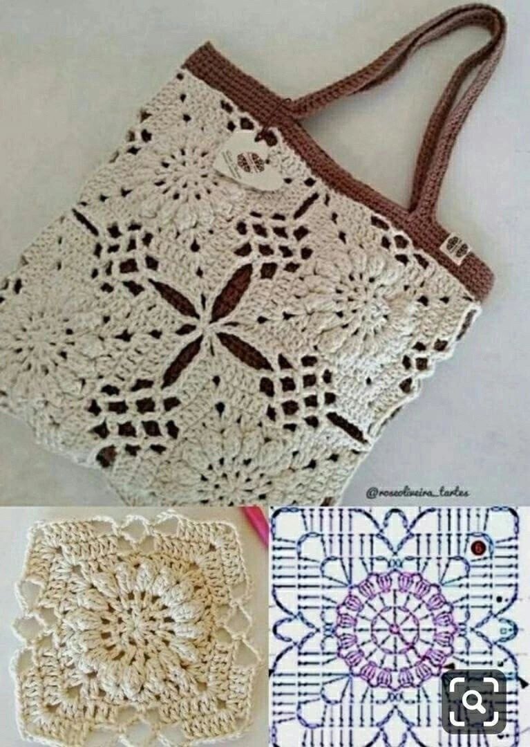 Crochet Flower Motif Chart: Black and White Tote Bag Pattern with Bamboo Handle