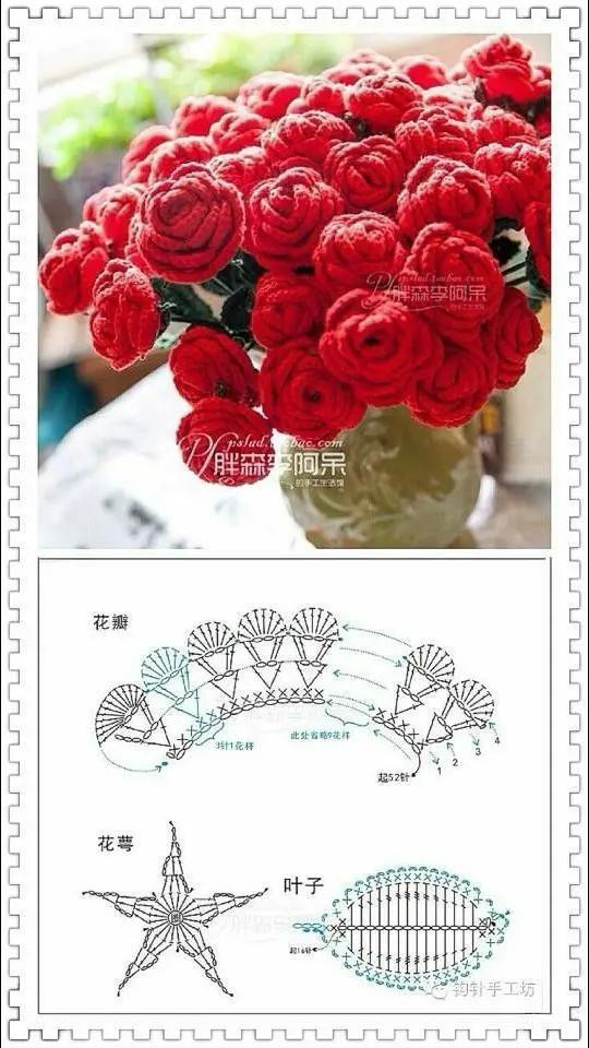 Crochet Flower Patterns: Graded Roses, Rounded Roses, Carnation and Poppy