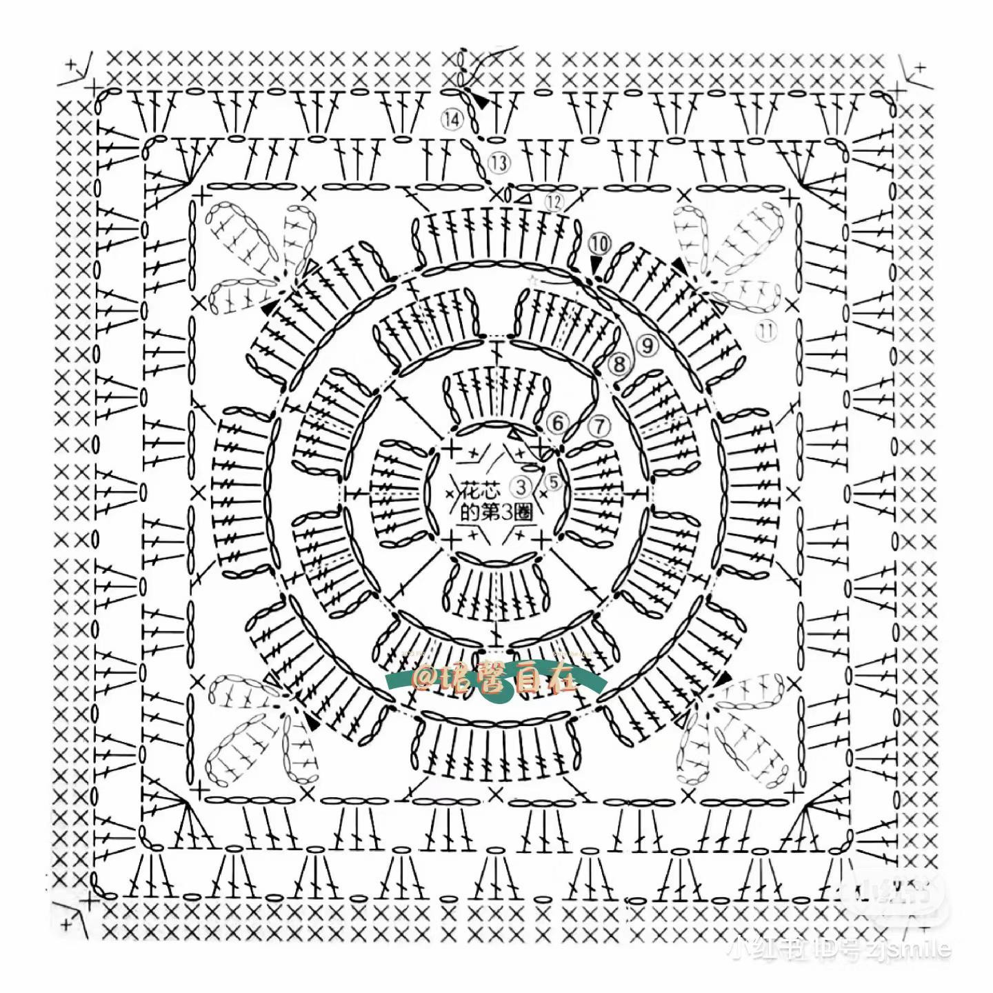 Crochet Flower Square Chart: Blue and Yellow Floral Pattern with Detailed Stitch Diagram