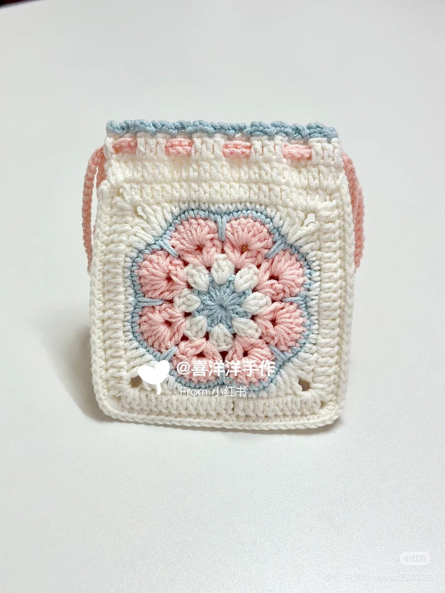 Crochet Flower Square Pattern for Drawstring Bag with Pink, Blue and White Yarn