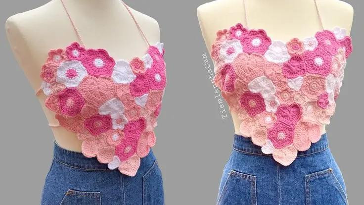 Crochet Flower Top Pattern Chart with Pink and White Gradients