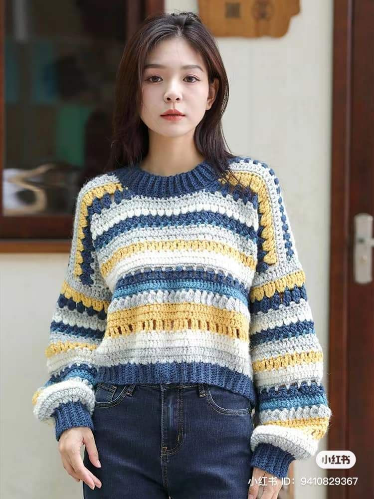 Crochet Frost Blue Color Block Sweater Flat Chart Pattern