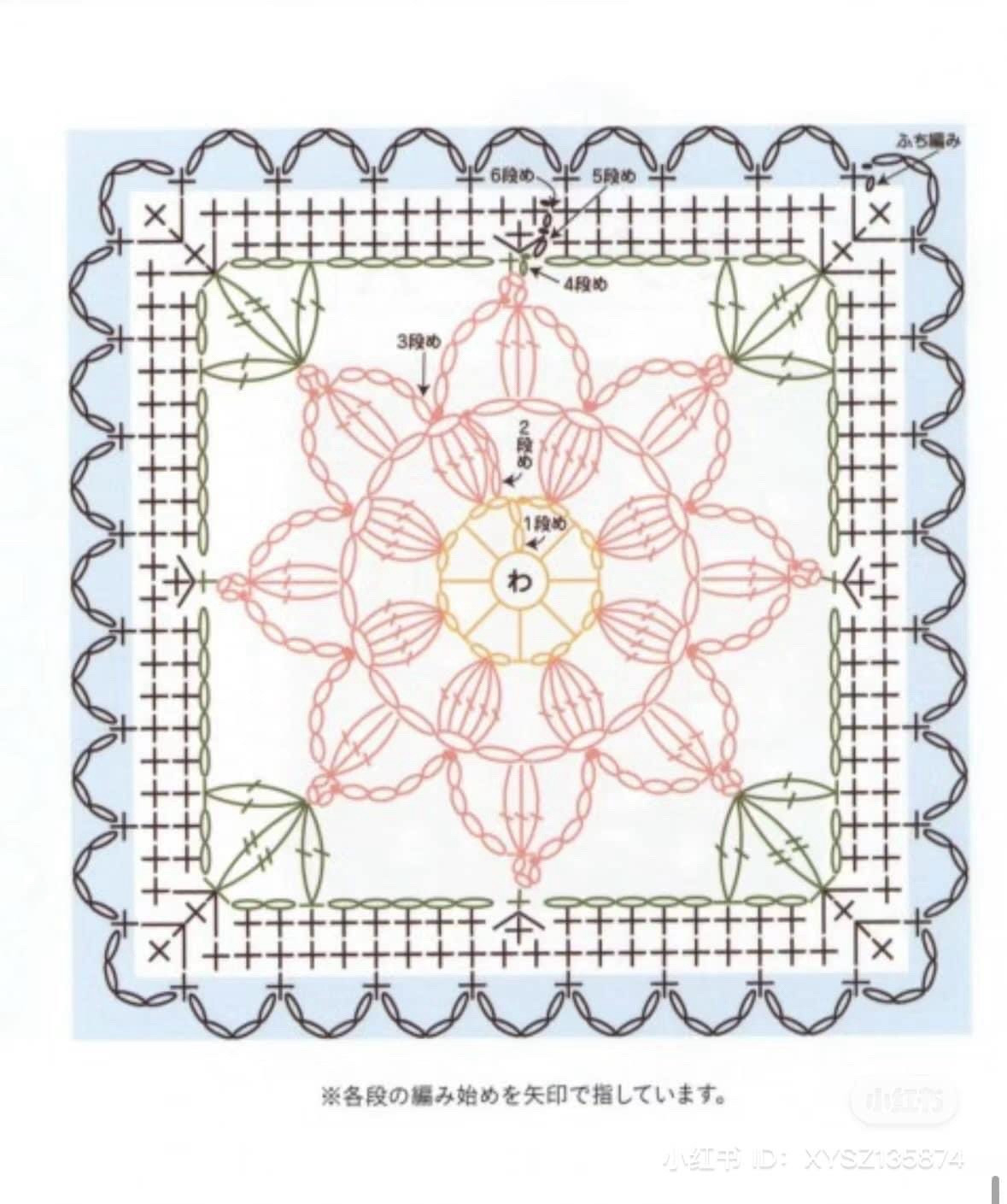 Crochet Granny Square Chart Pattern with Floral Designs and Detailed Instructions